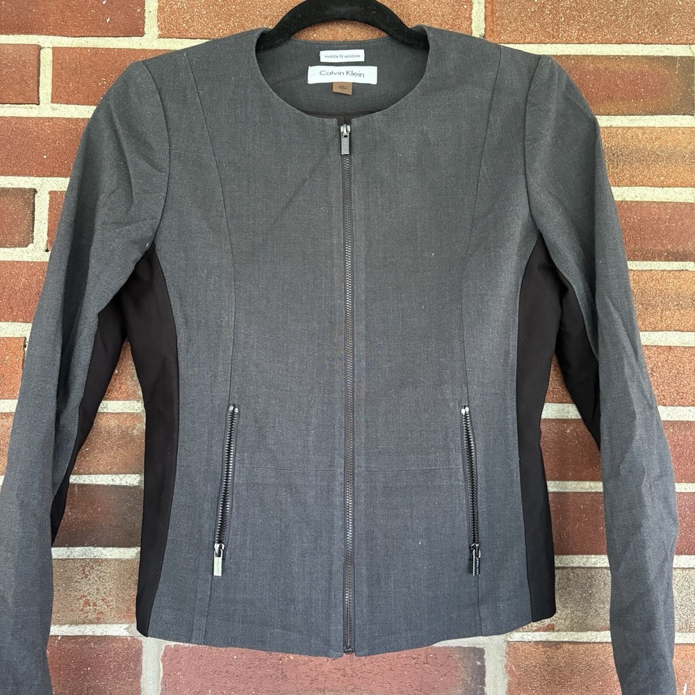 Calvin Klein Invisible Fit Solutions Gray Black Zip Front Blazer Jacket 2 A3074